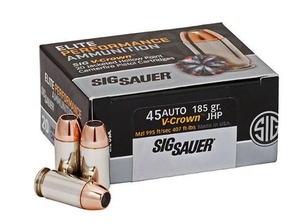 SIG Ammo, 45ACP, 185Gr, Elite V-Crown, JHP, Box of 20